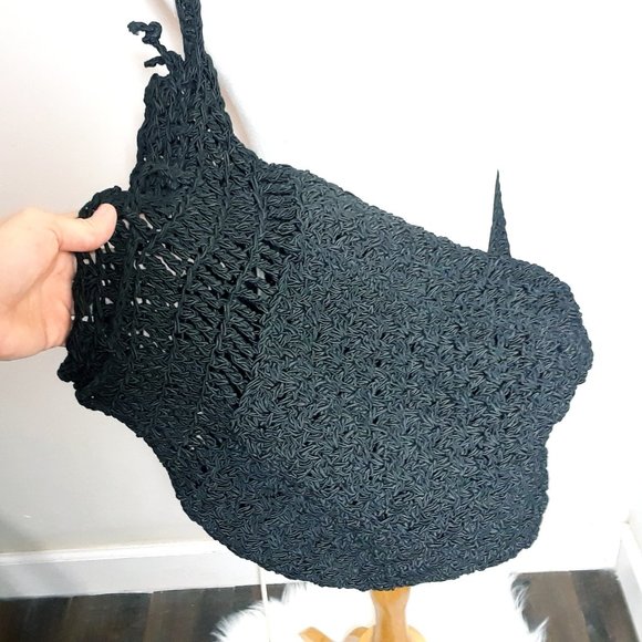 Carrie Forbes Vintage Backpack Purse Shoulder Knit Satchel Boho Woven Black Bag - Picture 8 of 16